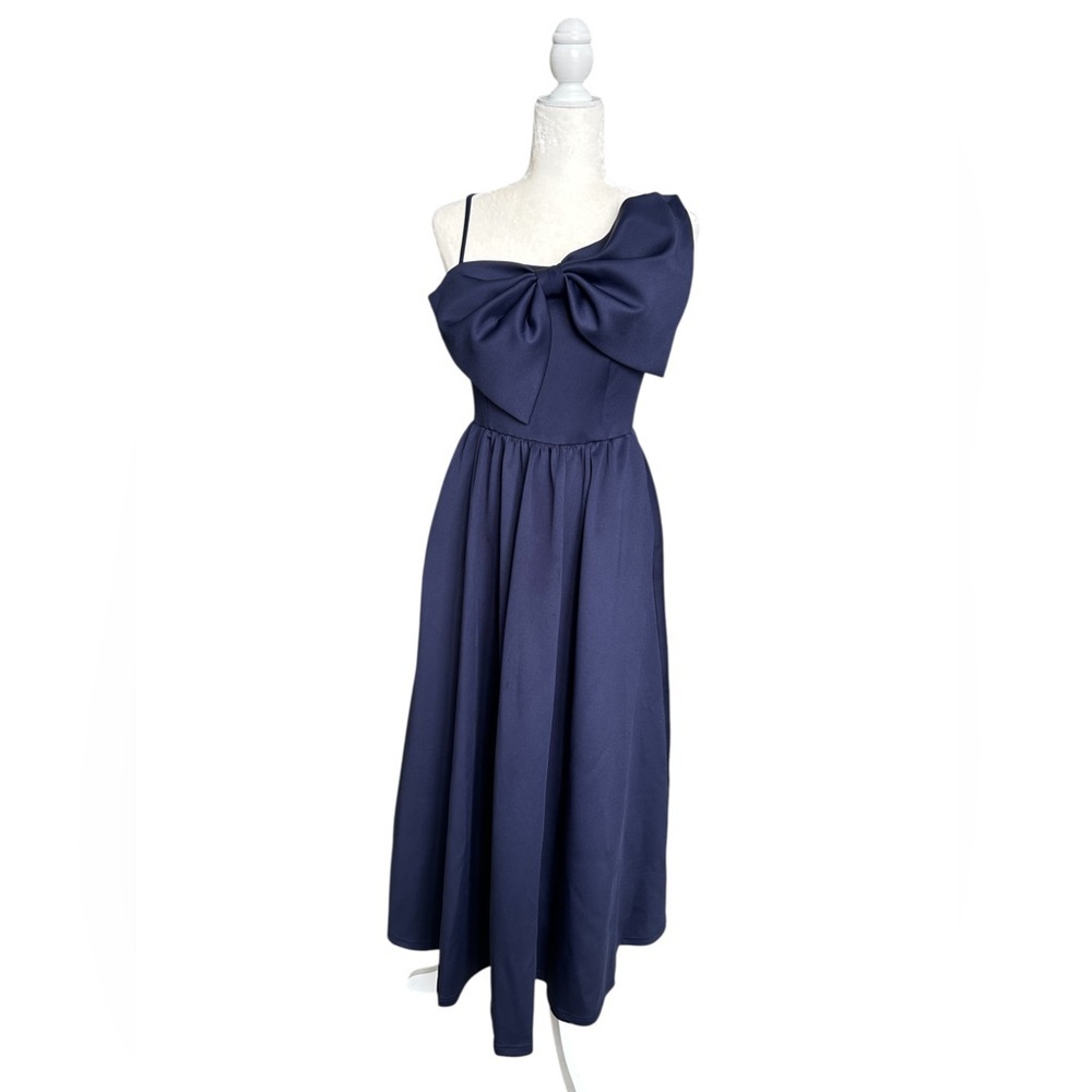 Navy long Dress with Statement asymmetrical Bow - Size Small - Picture 7 of 11